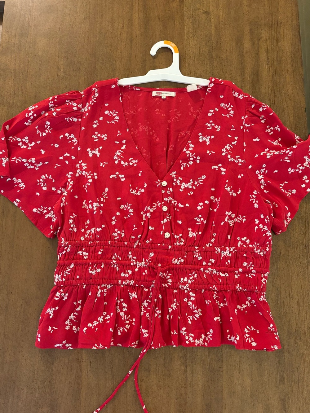 Levi's Red Floral V-Neck Smocked Peplum Top